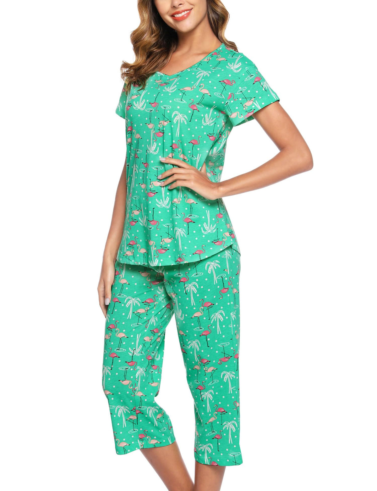 ENJOYNIGHT Womens Pajama Set Cotton Short Sleeve Top With Capri Pants Pj