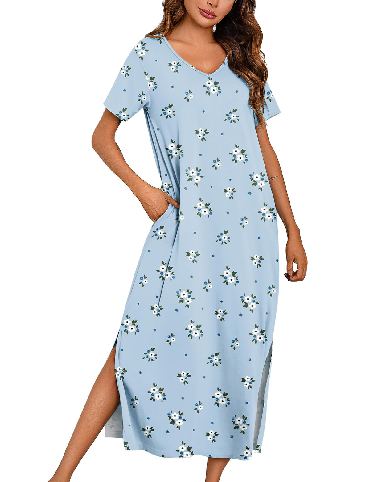 Marvmys Women Short Sleeve Nightgown Cotton Long Nightshirts with Pocket