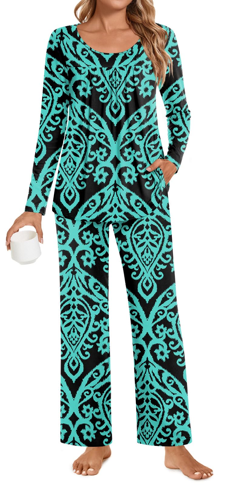POPYOUNG Womens Pajama Set 2 Pieces Fall Pjs Comfy Sleepwear with Pockets