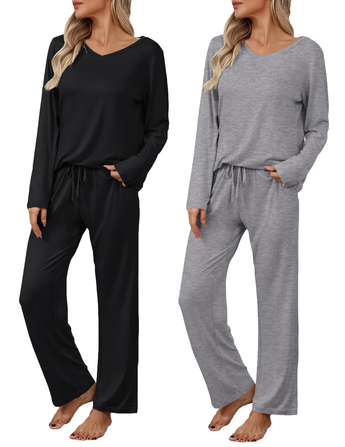Ekouaer Women's 2 Pack Long Sleeve Pajama Sets V Neck Lounge Sets