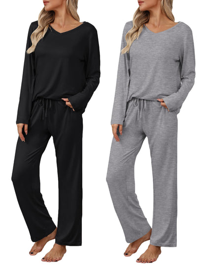 Ekouaer Women's 2 Pack Long Sleeve Pajama Sets V Neck Lounge Sets