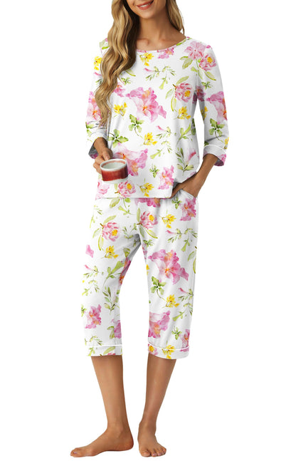 PrinStory Womens Pajama Sets Capri Pjs Soft Lounge Sets XS-4XL