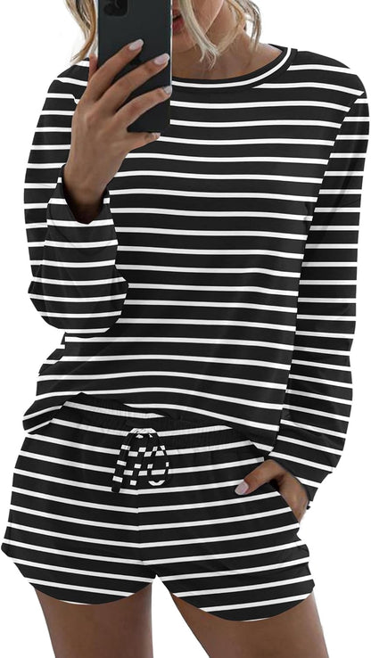 Ekouaer Womens Pajama Sets Long Sleeve Top and Shorts Lounge Set Sleepwear