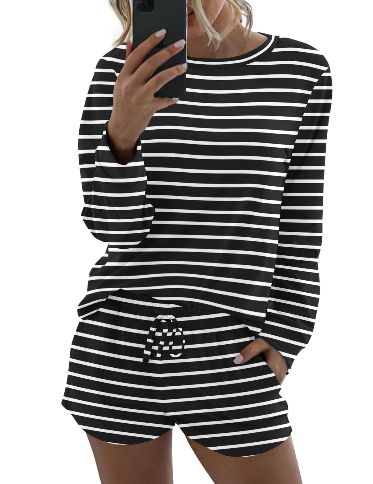 Ekouaer Womens Pajama Sets Long Sleeve Top and Shorts Lounge Set Sleepwear