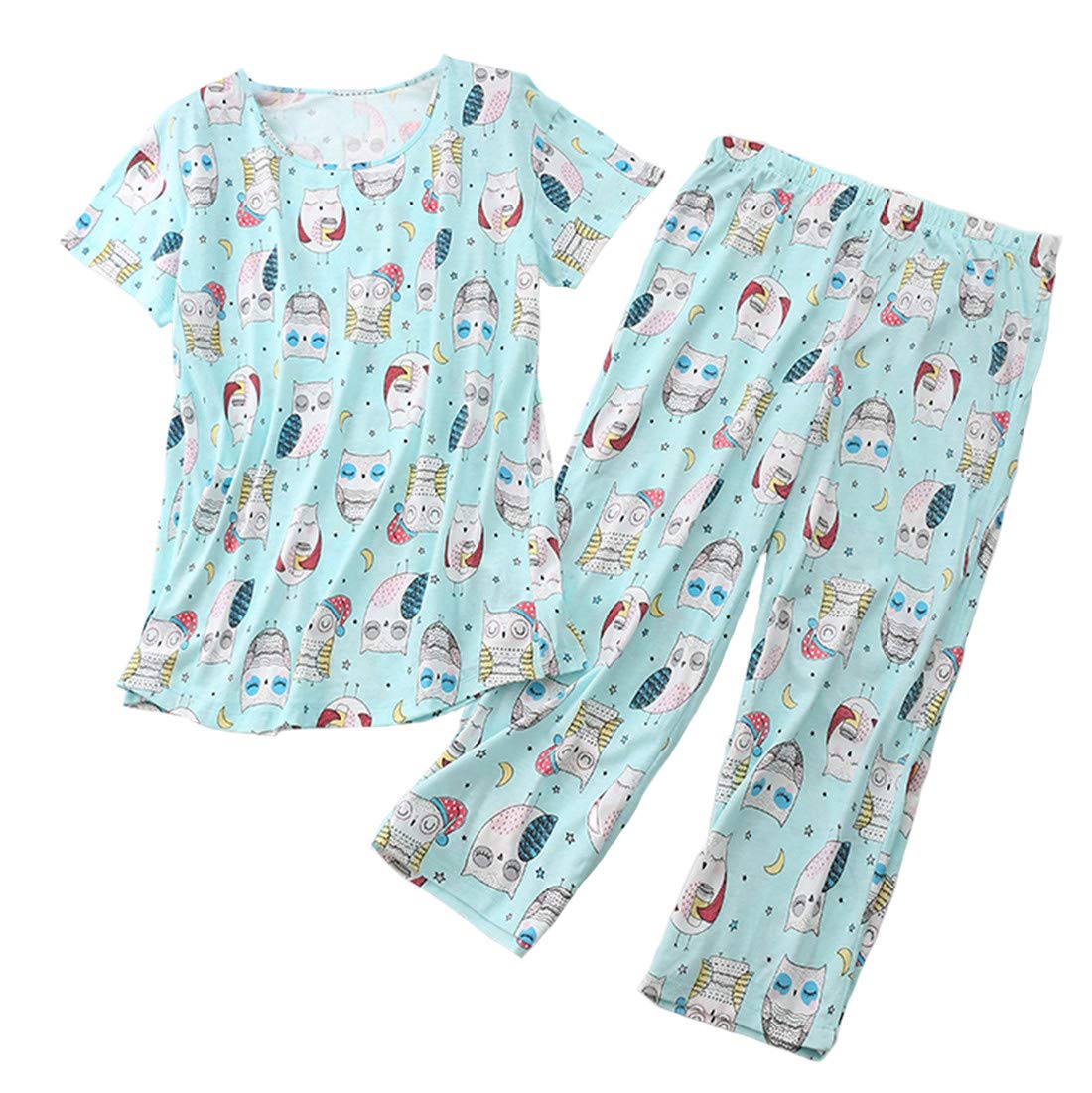 PNAEONG Womens Pajama Set Cotton Short Sleeve Top with Capri Pants Soft Pjs