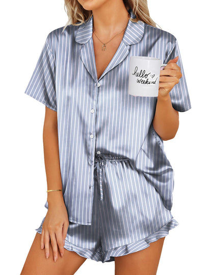 Ekouaer Womens Satin Pajamas Set Button Down 2 Piece Silk Pjs Shorts Set Ruffle Lingerie Notch Collar Sleepwear