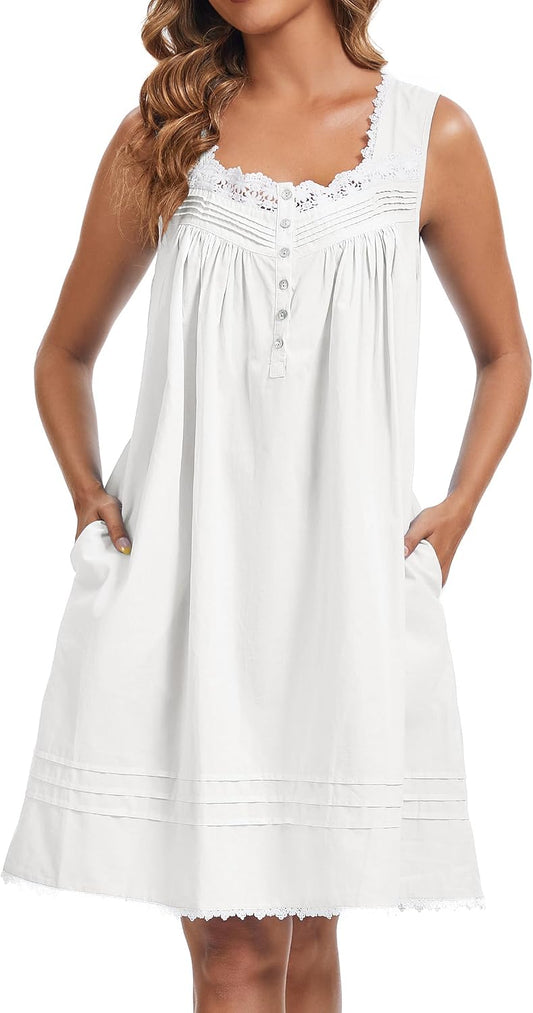 AVIIER 100% Cotton Nightgowns for Women Sleeveless Night Gown with Pockets