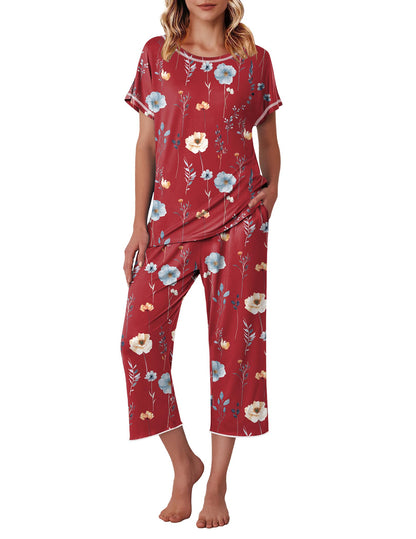 Ekouaer Womens Capri Pajama Sets Print Short Sleeve Sleepwear Top and Pants