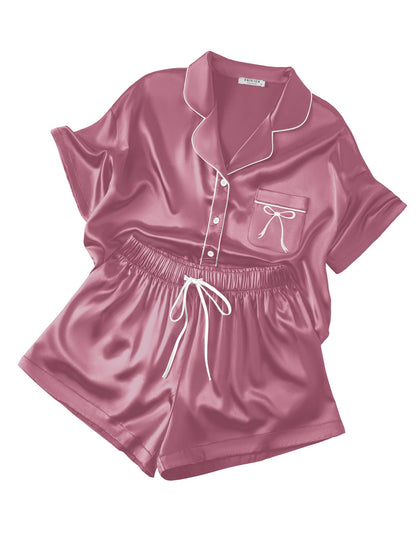 Ekouaer Womens Silk Satin Pajama Set, 2 Piece Heart Embroidery Short Sleeve Button Down Pjs Set for Bridal Party