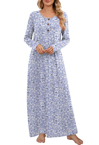 DouBCQ Nightgowns for Women Long Sleeve Button House Dress Soft Sleepwear