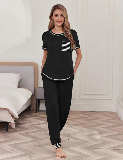 Ekouaer Womens Pajama Sets Short Sleeve Lounge Set 2 Piece Long Pants Pjs