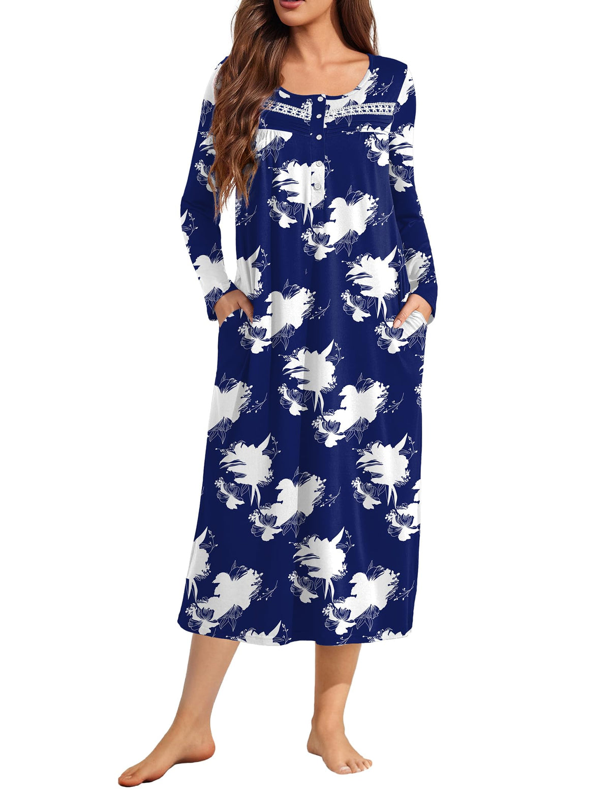 Ekouaer Long Sleeve Nightgown for Women Long Henley House Dress with Pocket
