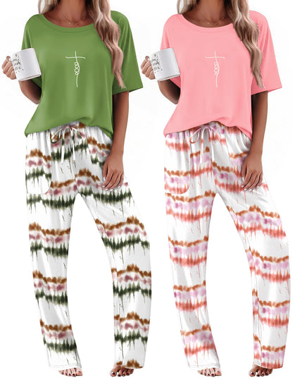 Ekouaer 2 Pack Womens Pajamas Sets Short Sleeve Long Pants Pjs Lounge Set