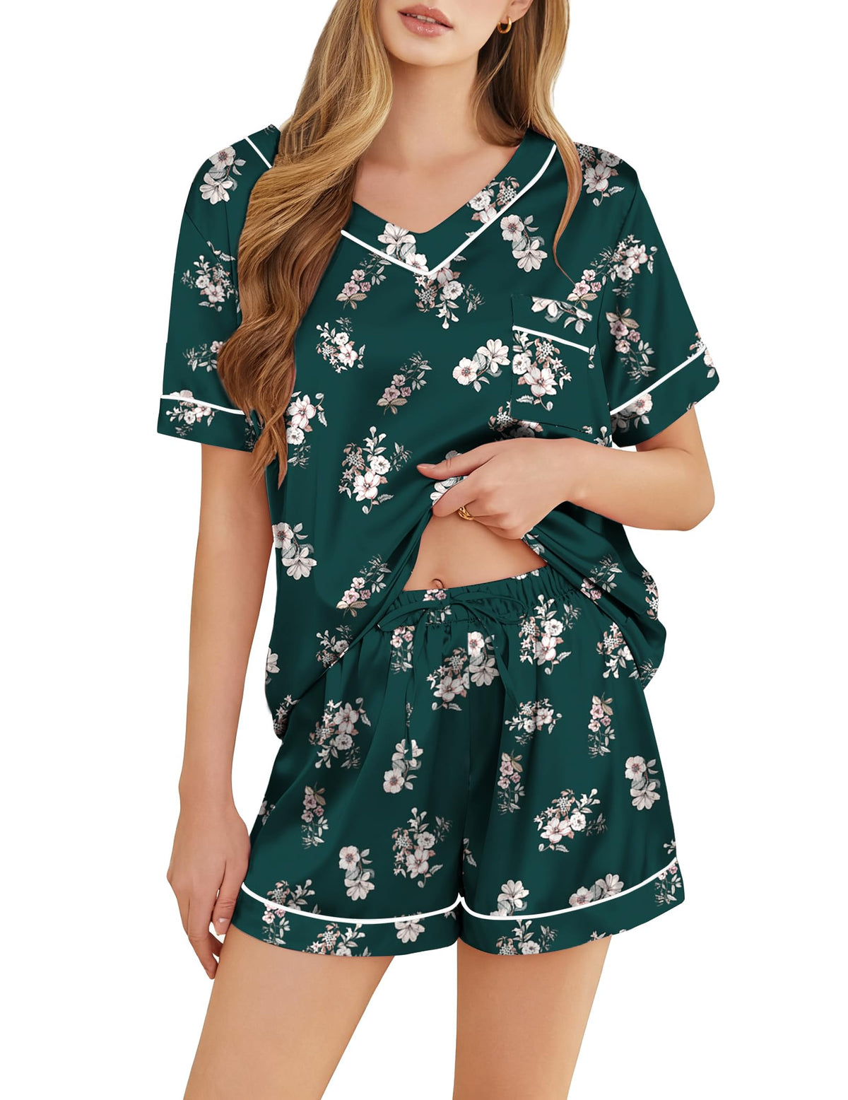 Silk Pajamas for Women Short Sleeve Satin 2 Piece Pj Set Soft V Neck Sleepwear Loungewear, S-XXL