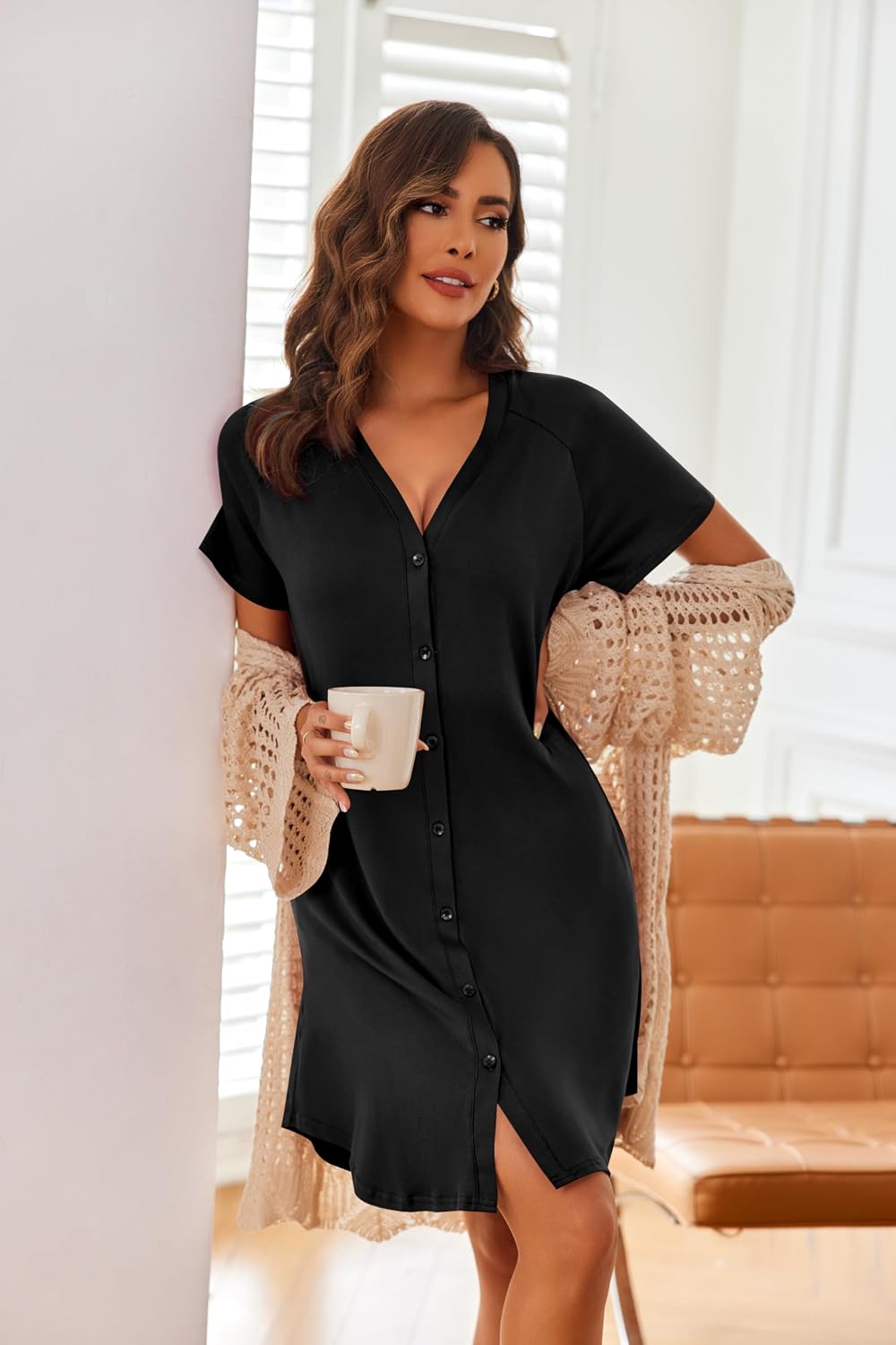 Ekouaer 3 Pack Women's Nightshirt Button Down Nightgown Short Sleeve Sleepshirt V Neck Pajama Dress with Pockets