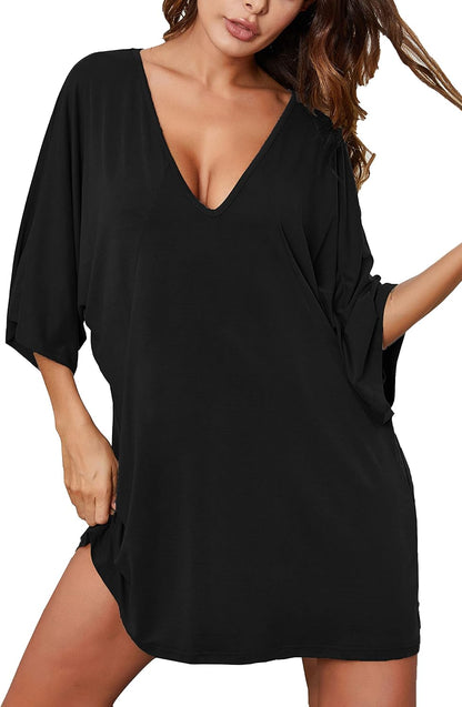 Ekouaer Nightgowns for Women Deep V Neck Sleep Shirt Oversized Night Shirt