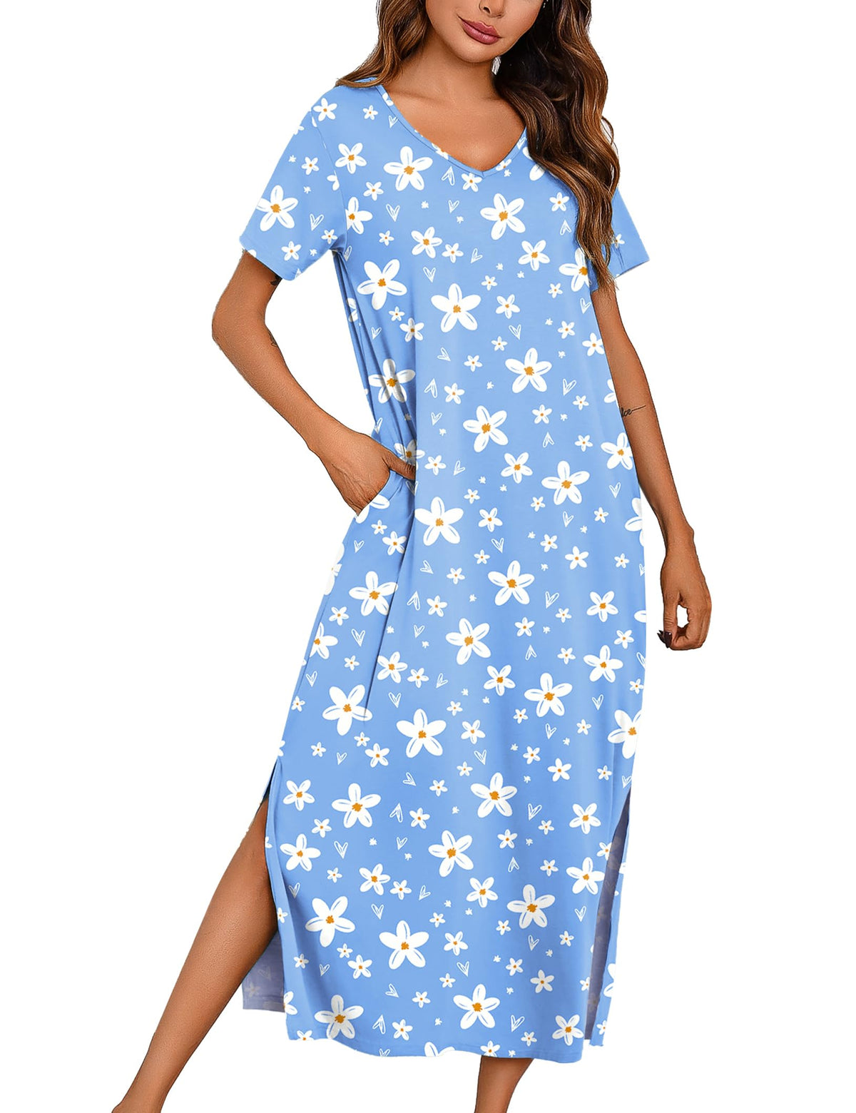 Marvmys Women Short Sleeve Nightgown Cotton Long Nightshirts with Pocket