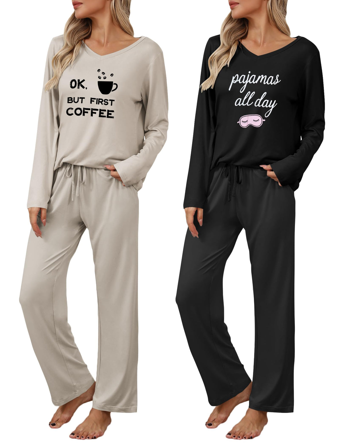 Ekouaer Women's 2 Pack Long Sleeve Pajama Sets V Neck Lounge Sets