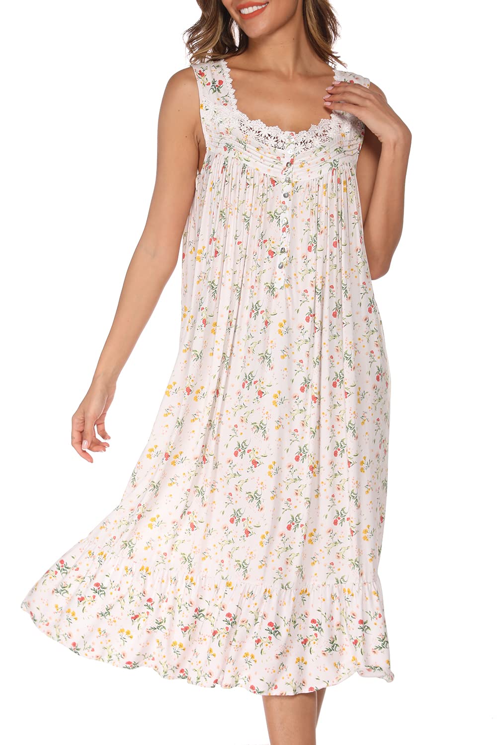 AVIIER Cotton Nightgowns for Women Sleeveless House Dress Ladies Long Nightdress with Pockets S-XXL