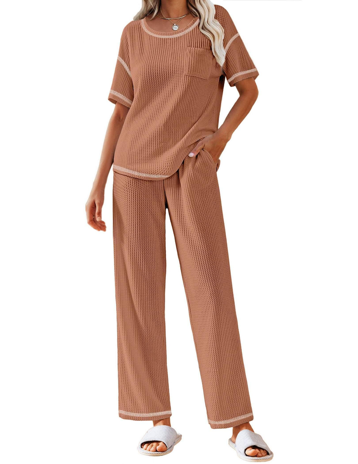 Ekouaer 2 Piece Summer Waffle Knit Lounge Sets For Women Short Sleeve Top and Long Pant Pajama Set Loungewear Pjs Set