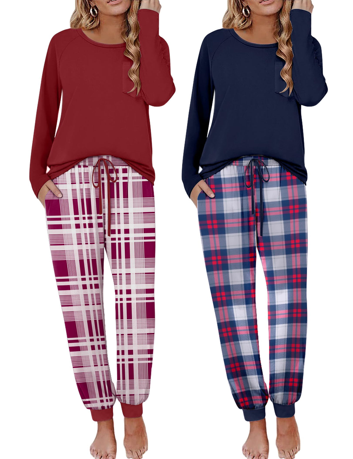 Ekouaer 2 Pack Womens Pajama Sets Long Sleeve Pjs Soft Comfy Lounge Set