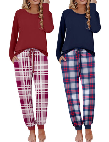 Ekouaer 2 Pack Womens Pajama Sets Long Sleeve Pjs Soft Comfy Lounge Set