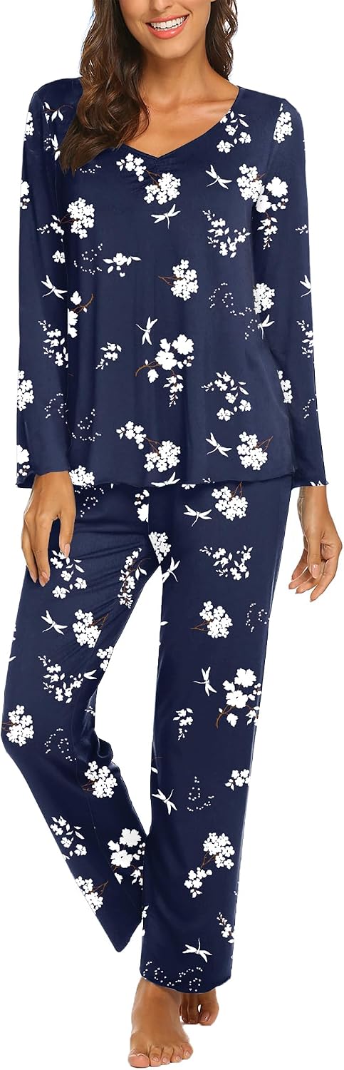 Ekouaer Pajamas for Women Set Long Sleeve Pleated Top and Pants Loungewear