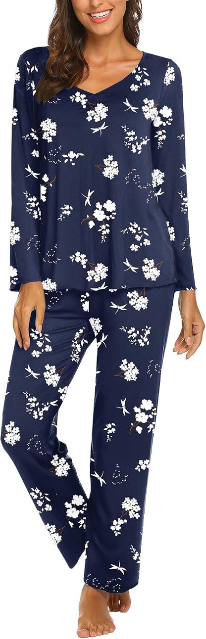 Ekouaer Pajamas for Women Set Long Sleeve Pleated Top and Pants Loungewear