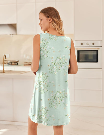 Ekouaer Cotton Nightgowns for Women Sleeveless Pleated Night Gown