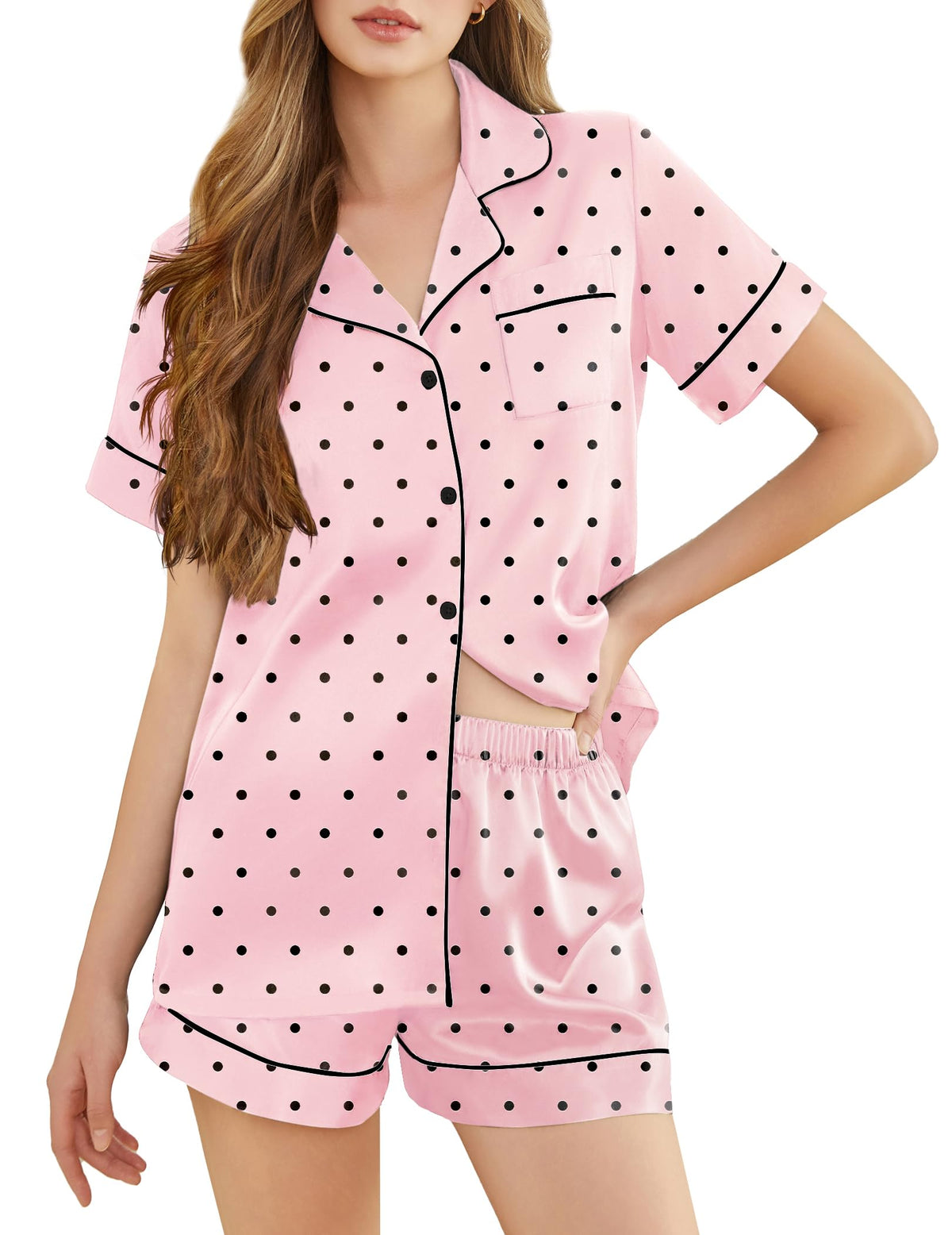 Silk Pajamas for Women Short Sleeve Sleepwear Soft Button Down Loungewear 2 Piece Satin Pjs Shorts Set S-XXL