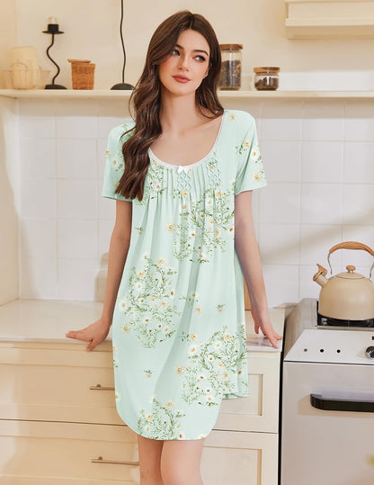 Ekouaer Nightgowns for Women Pleated Sleep Shirts Short Sleeve Night Shirts