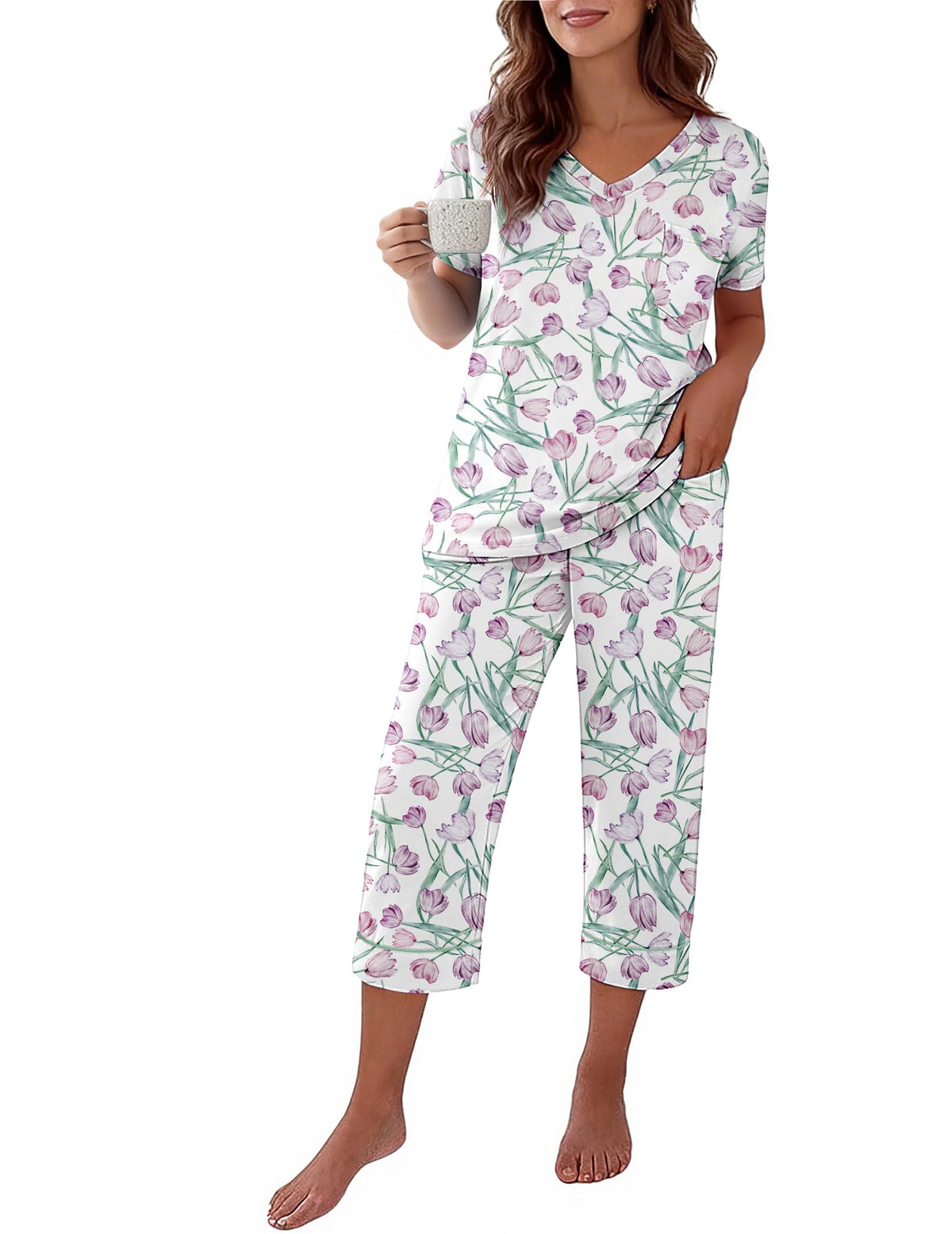 Ekouaer Cotton Pajamas for Women Set Short Sleeve Top and Capri Pants