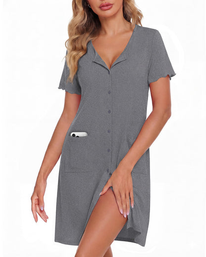 ZOOSIXX Nightgowns for Women - Short Sleeve Sleepwear Button Up Pajamas for Women V-Neck Sleepwear Dress with Pockets