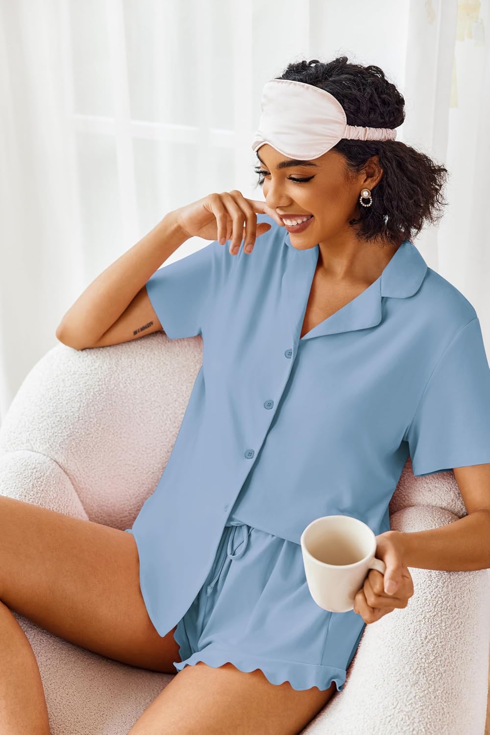 Ekouaer Pajamas Set for Women Short Sleeve Sleepwear Button Down Ruffle Pjs