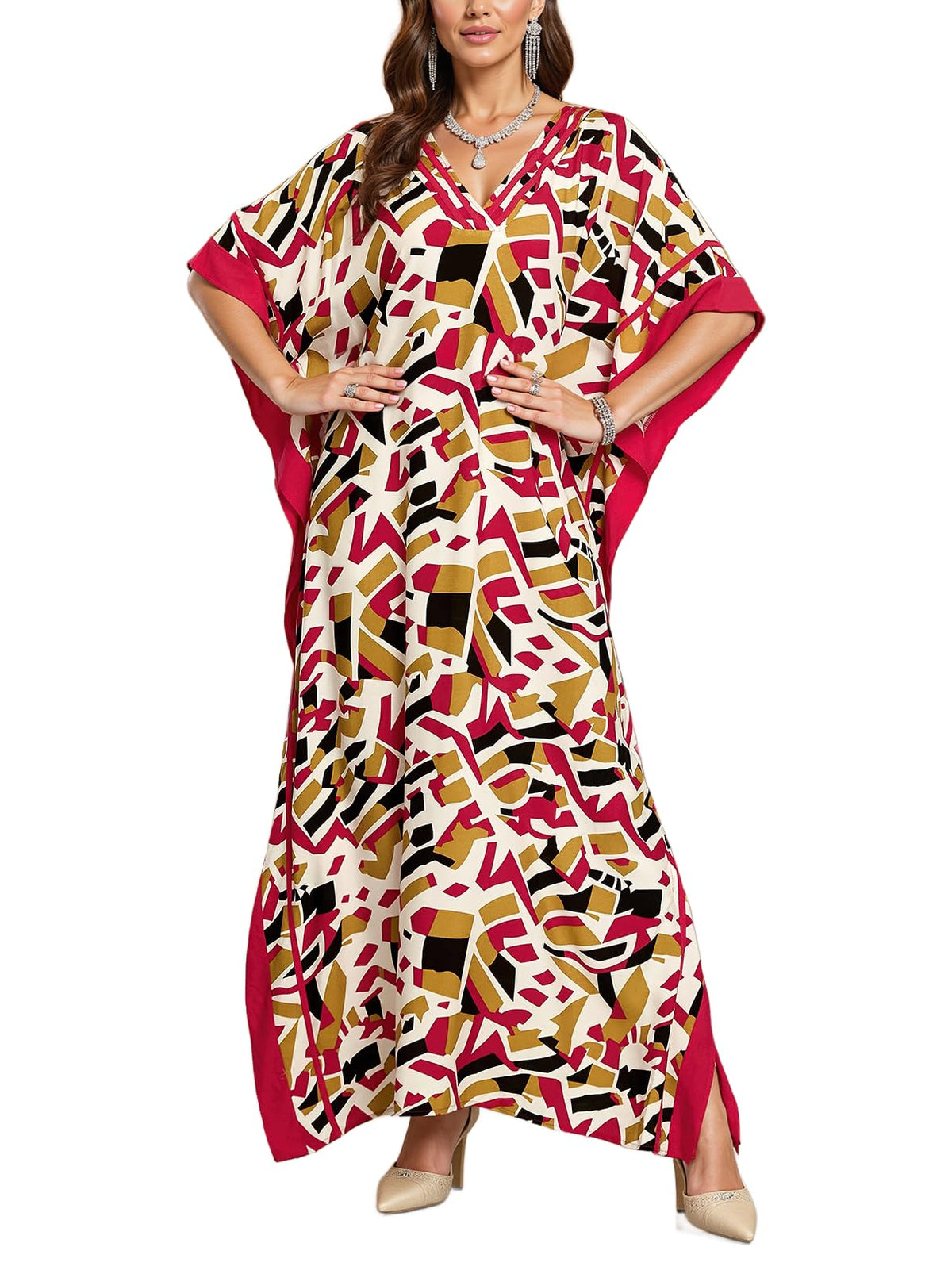 NFVNKJ Plus Size Mumu Dresses for Women - Boho Batwing Sleeve Caftan with Side Slits, Long Moo Moo Nightgown & Beach Cover Up