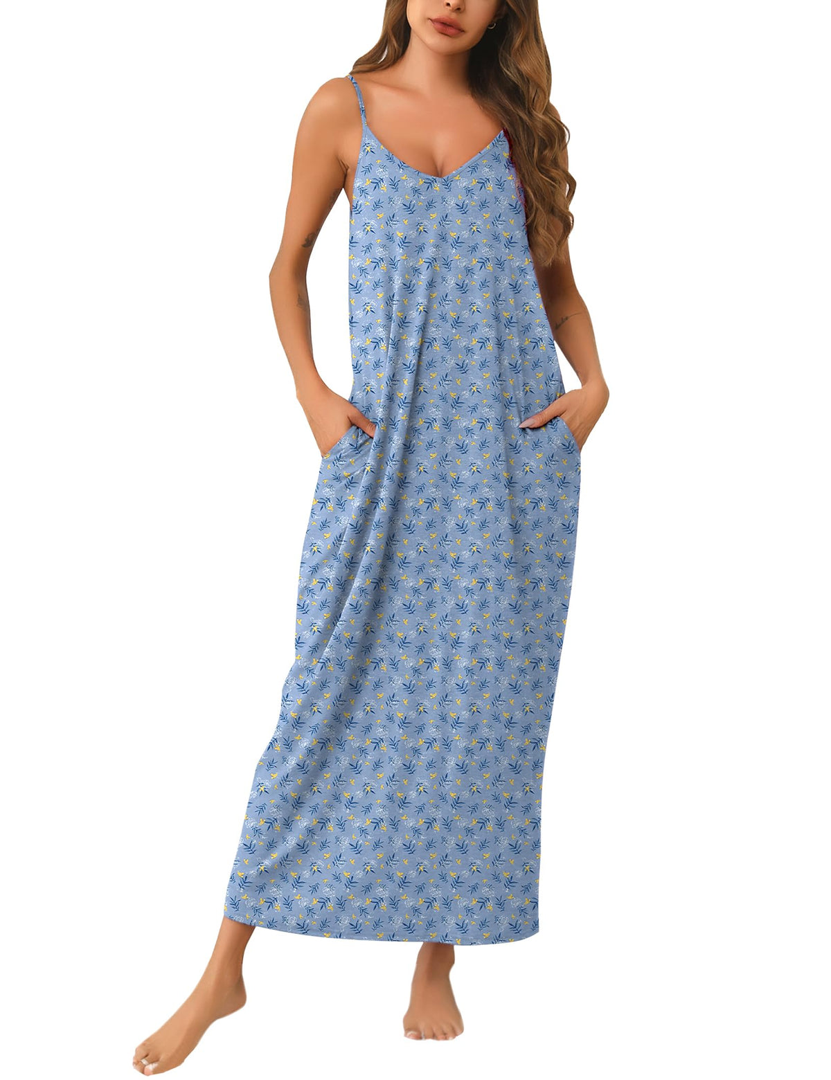 Marvmys Women's Cotton Long Nightgowns Sleeveless Sleep Dress with Pockets