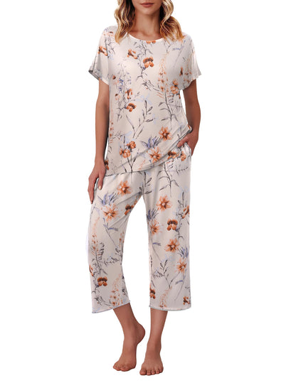 Ekouaer Womens Capri Pajama Sets Print Short Sleeve Sleepwear Top and Pants