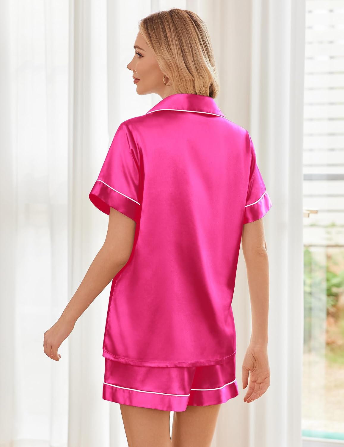 Ekouaer Womens Silk Satin Pajama Sets Soft Short Sleeve Button Up Sleepwear