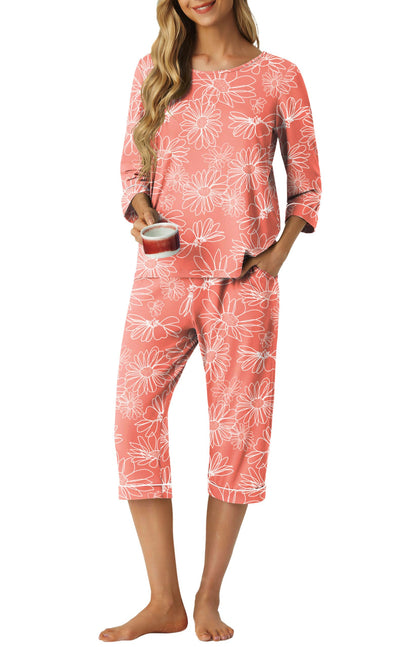 PrinStory Womens Pajama Sets Capri Pjs Soft Lounge Sets XS-4XL