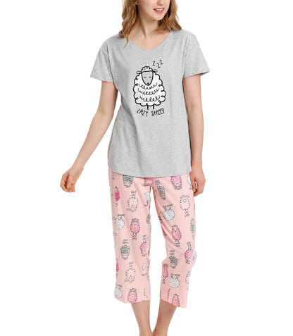 ENJOYNIGHT Womens Pajama Set Cotton Short Sleeve Top With Capri Pants Pj