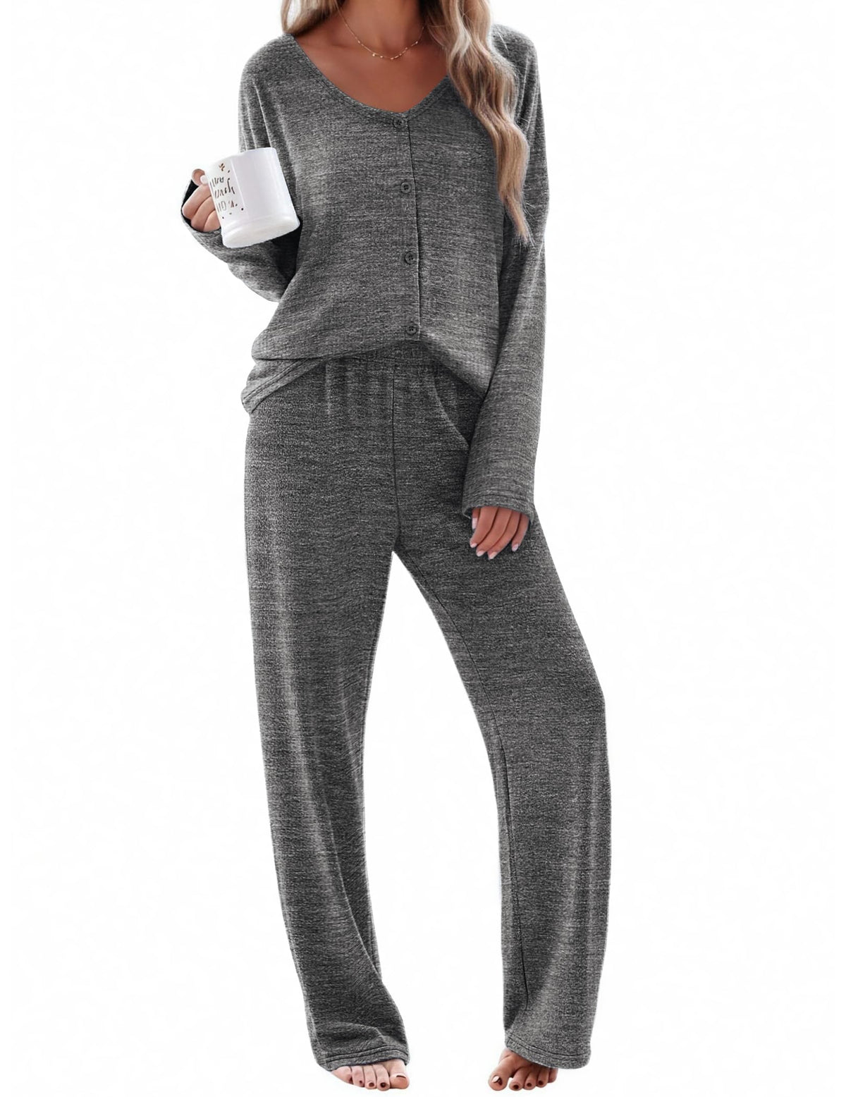 Ekouaer Womens Pajama Sets Button Up Long Sleeve Lounge Set Soft V Neck Pj