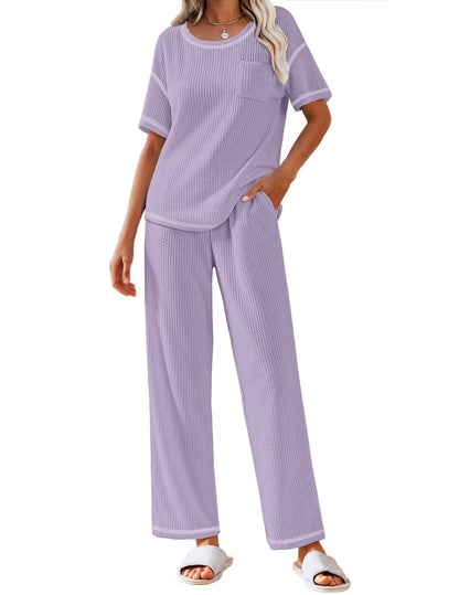 Ekouaer 2 Piece Summer Waffle Knit Lounge Sets For Women Short Sleeve Top and Long Pant Pajama Set Loungewear Pjs Set