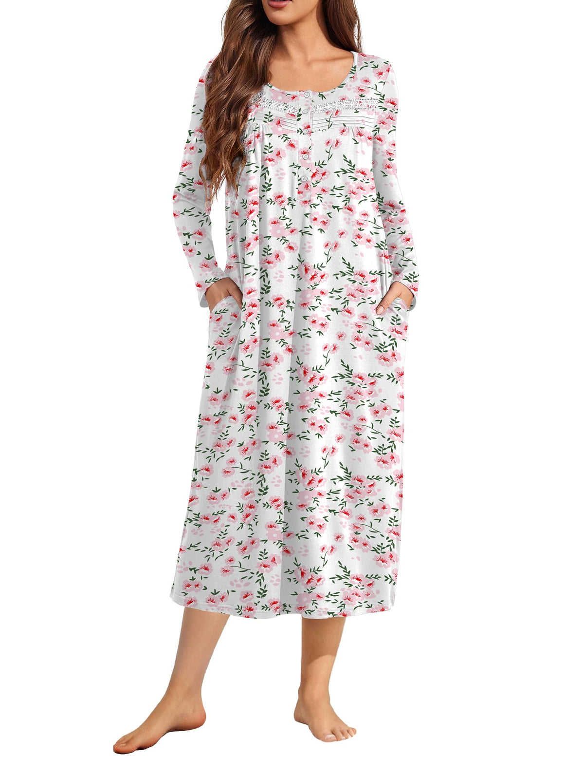 Ekouaer Long Sleeve Nightgown for Women Long Henley House Dress with Pocket