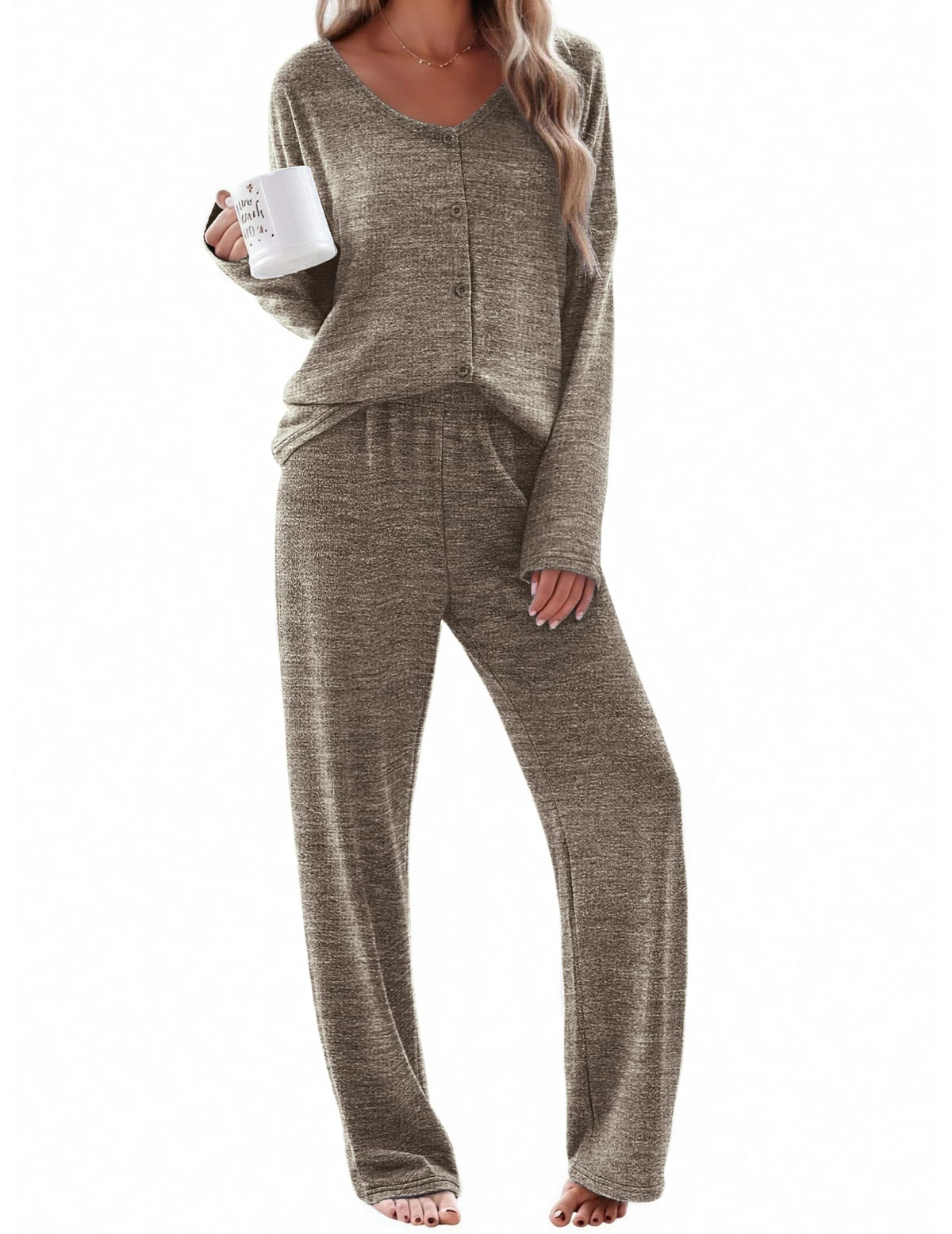 Ekouaer Womens Pajama Sets Button Up Long Sleeve Lounge Set Soft V Neck Pj