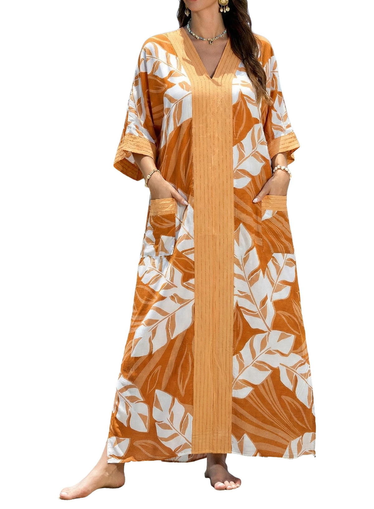 cthseie Women's Kaftan Dress Plus Size V-Neck Pocket Lightweight Swimwear Coverups Moomoo Nightgown Beach Loungewear