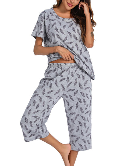ENJOYNIGHT Womens Pajama Set Cotton Short Sleeve Top With Capri Pants Pj
