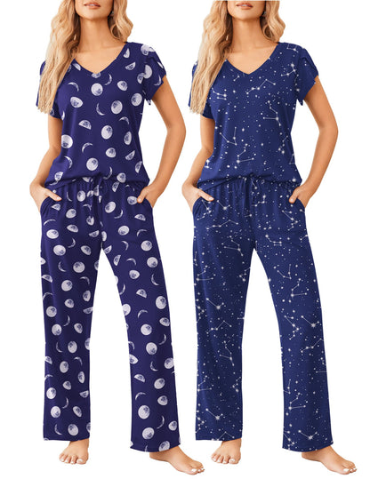 Ekouaer 2 Pack Womens Pajama Set Short Sleeve Sleepwear Soft Pjs Lounge Set