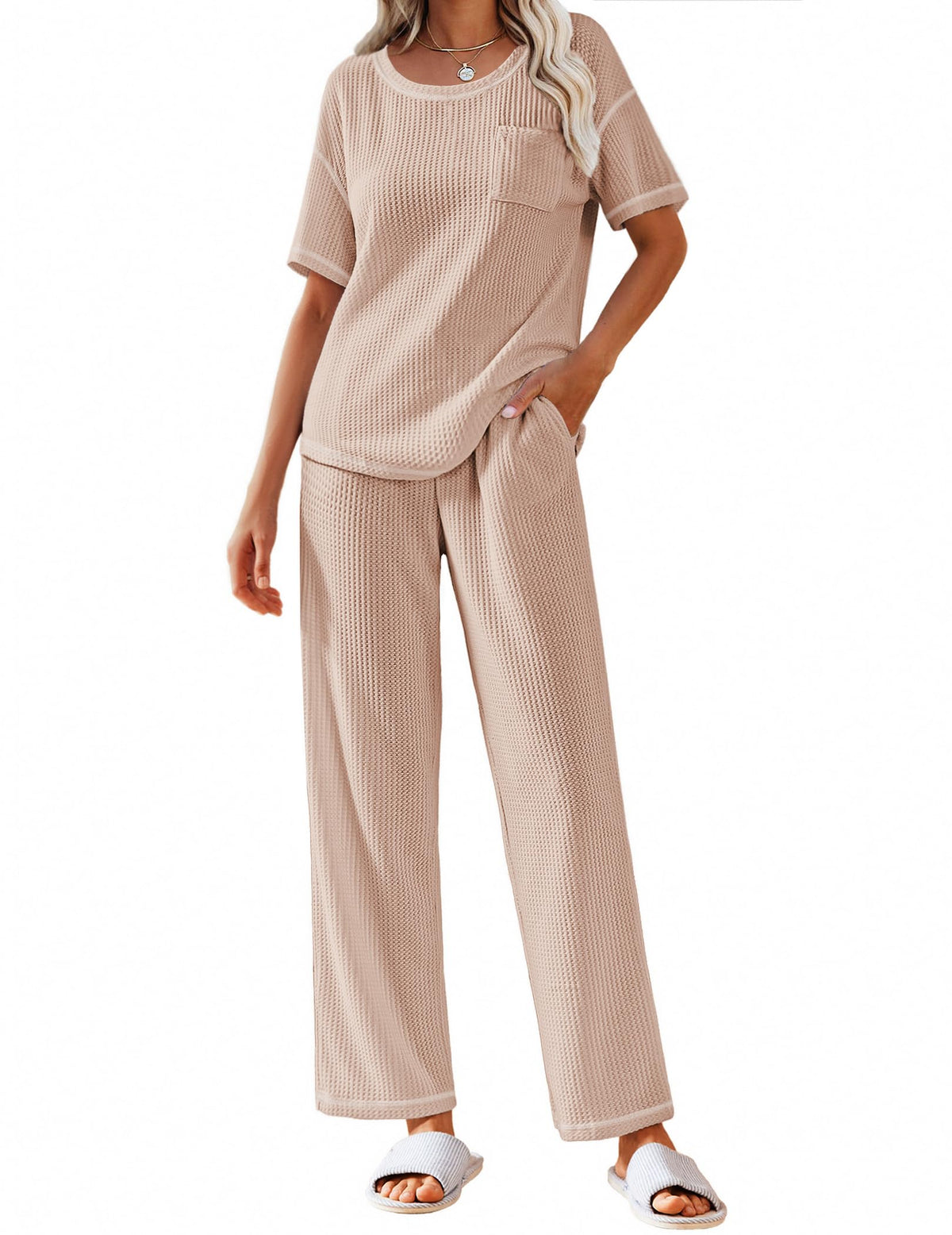 Ekouaer 2 Piece Summer Waffle Knit Lounge Sets For Women Short Sleeve Top and Long Pant Pajama Set Loungewear Pjs Set