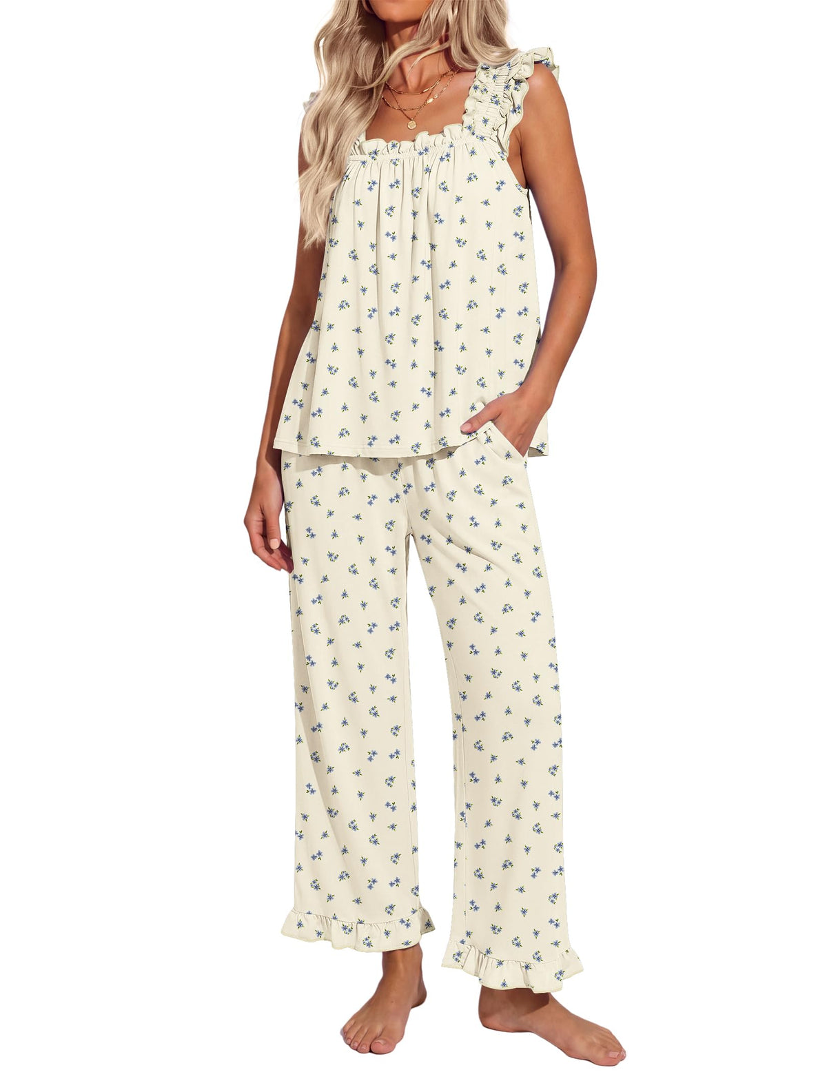Ekouaer Pajamas for Women Set 2 Piece Ruffle Sleeveless Pj Bridal Sleepwear
