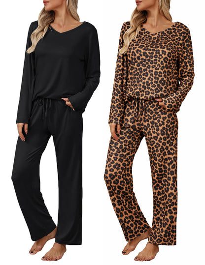 Ekouaer Women's 2 Pack Long Sleeve Pajama Sets V Neck Lounge Sets